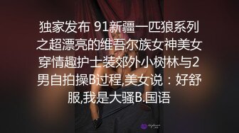 独家发布 91新疆一匹狼系列之超漂亮的维吾尔族女神美女穿情趣护士装郊外小树林与2男自拍操B过程,美女说：好舒服,我是大骚B.国语